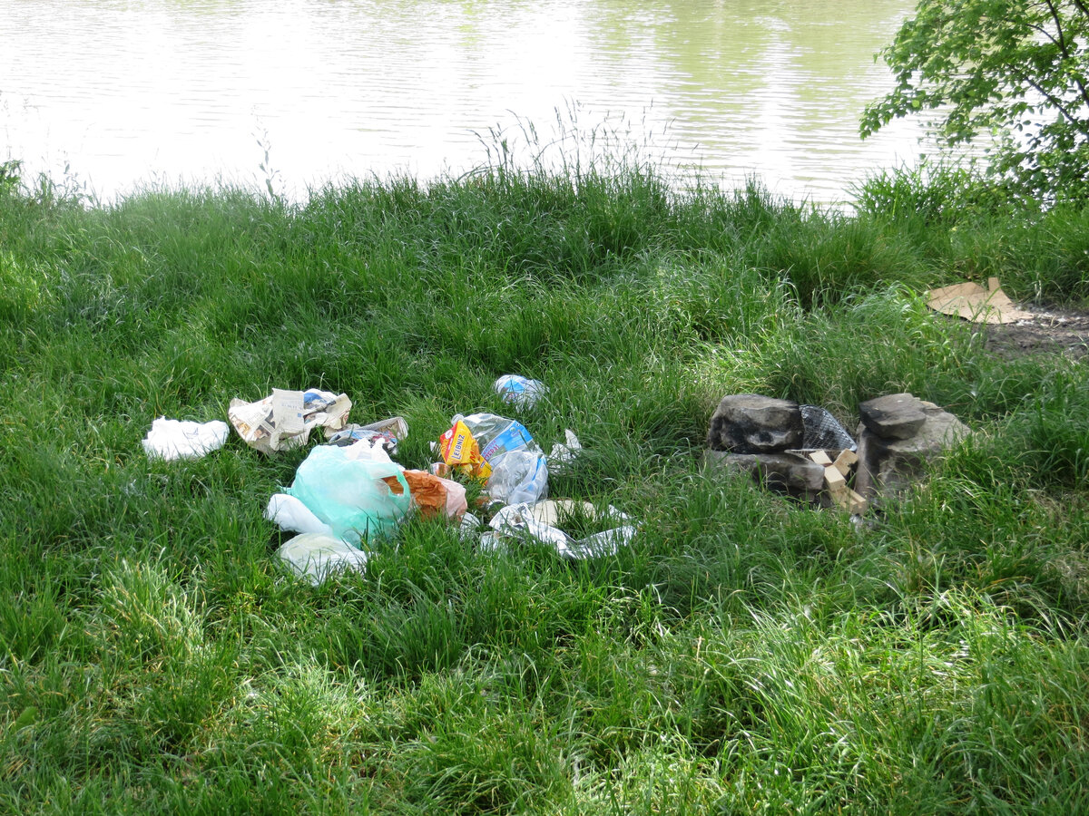 Wilder Müll, Plastiktüten, Verpackungen, Grillstelle, Flussufer, Wiese, Natur
