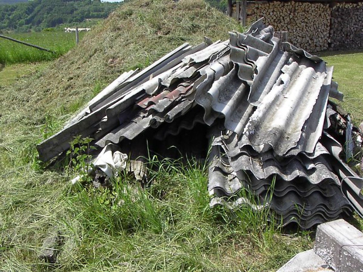 Wilde Müllablagerung: Asbesthaltige Eternitplatten (AZ-Platten) vor einem Heuhaufen