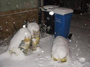 Müllabfuhr im Winter: Graue Restabfalltonne, blaue Papiertonne und Gelbe Säcke im Schnee bei Dunkelheit/Nacht