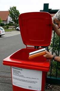 Rote Mülltonne (MGB 240 Liter): Druckerpatronen, Tintenpatronen, Tonerkartuschen, Trommeleinheiten, CD, DVD, Blu-ray Disk, Disketten, Drucker, Fax