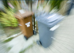 Müllabfuhr: Graue Restmülltonne und braune Biotonne