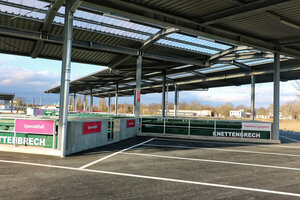 Wertstoffhof, Containerbuchten, Parkbuchten, Parkplätze, Parkplatz, Überdachung, Hinweisschilder