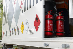 Mobile Problemabfallsammlung, Sondermüllsammlung, Schadstoffmobil, Sondermüllmobil, Giftmobil, Problemmüllmobil, Warnschilder, Feuerlöscher