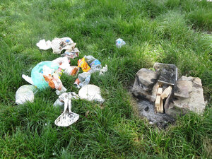 Wilder Müll, Plastiktüten, Verpackungen, Aluminiumschalen, Grillstelle, Flussufer, Wiese, Natur