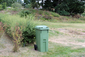 Grüne Restabfalltonne, Ferienhausgebiet, Målängen, Västervik, Schweden, Sverige