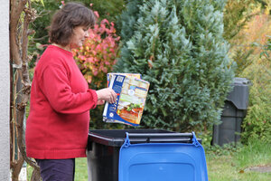 Papiertonne, Frau, Einwurf, Einwerfen, Altpapier, Kartonverpackungen