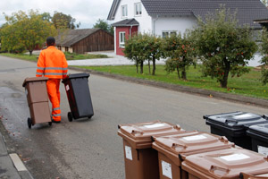 Verteilung neuer Mülltonnen: Müllwerker in Orange, graue Restabfalltonnen, braune Biotonnen, Straße, Haus, Ortschaft