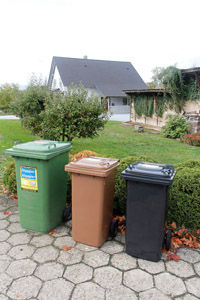 Restabfalltonne (MGB 120 Liter), Biotonne (MGB 120 Liter), grüne Papiertonne (MGB 240 Liter), Einfamilienhaus, Grundstück, Anwesen, Garten