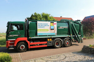 Hecklader-Müllfahrzeug, Mülllaster, Müllauto, Werbetafel, Werbeschild, Werbeplakat