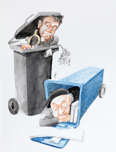 Restabfalltonne und Papiertonne: Personen in Mülltonnen, Lesen, Diogenes