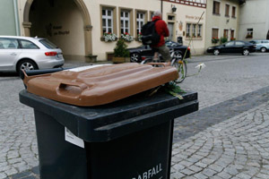 Biotonne mit leicht geöffnetem Deckel: Grauer Rumpf (Korpus), brauner Deckel, Pflanzenabfälle, Ident-Aufkleber