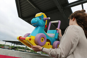 Hartkunststoffsammlung, Plastiksammlung, Hartplastik, Plastikspielzeug, Plastikschaukelpferd, Baby-Walk, Einwerfen, Einwurf, junge Frau